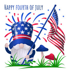 Cute gnomes holding american flag with fireworks, Celebrating of 4th of July vector clipart