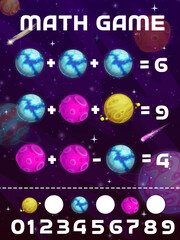 Math game worksheet, cartoon space planets and stars, vector mathematics quiz puzzle. Kids calculation skills training worksheet or math game for numbers addition and subtraction in equations