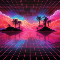 synthwave retro futuristic landscape, laser grid background