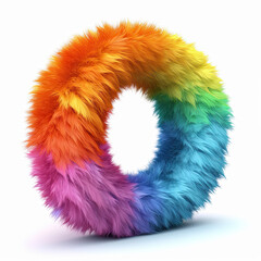 Furry letter in rainbow pride colors made of fur and feathers. Capital O 