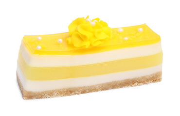 Piece of delicious cheesecake with lemon isolated on white