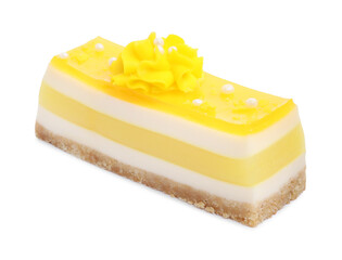 Piece of delicious cheesecake with lemon isolated on white