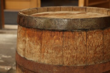 Fototapeta premium Traditional wooden barrel outdoors, closeup. Wine making