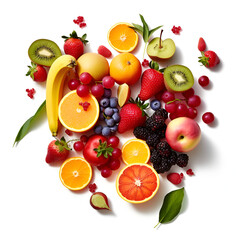 fresh bright fruits and berries on a white background. AI generated