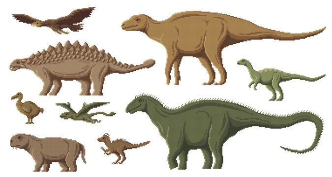 Pixel dinosaur characters. 8 bit pixel art game dino animals. Dimorphodon, Dodo, Pegomastax, Dicraeosaurus and Hypsilophodon, Lystrosaurus extinct prehistoric animals and birds, pixel vector dinosaurs