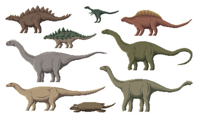 Pixel dinosaur characters. 8 bit pixel art game dino animals. Eoraptor, Henodus, Lotosaurus and Melanorosaurus, Shunosaurus, Haplocanthosaurus Jurassic vector pixel dinosaur, paleontology reptile set
