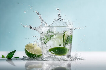 Fototapeta na wymiar Water splash on white background with lime slices, mint leaves, and ice cubes as a concept for summertime libations
