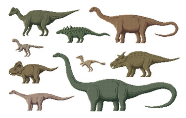 Pixel dinosaur characters. 8 bit pixel art game dino animals. Jaxartosaurus, Garudimimus, Elmisaurus and Magyarosaurus, Opisthocoelicaudia, Pachyrhinosaurus pixel extinct reptile, vector dinosaurs