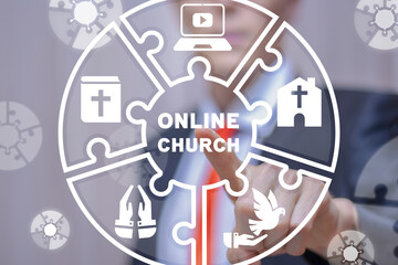 Man using virtual touch screen presses text: ONLINE CHURCH. Online church services concept. Home...