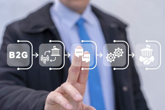 Businessman using virtual touch screen sees abbreviation: B2G. Concept of B2G - Business To Government. Business governance marketing organization process.