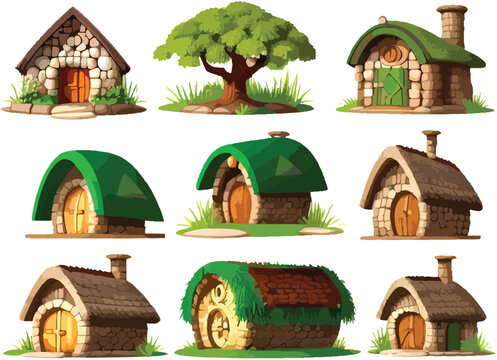 Beautiful dwarf and hobbit house. Vector Set