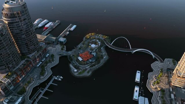 Aerial view of Elizabeth Quay Bridge along the harbour, Perth, Western Australia, Australia.