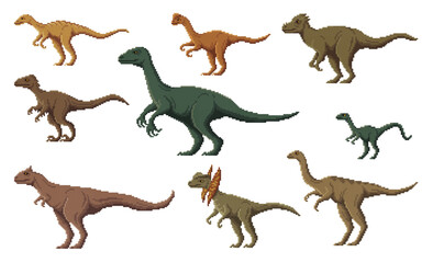 Pixel dinosaur characters. 8 bit pixel art game dino animals. Gallimimus, Therizinosaurus, Troodon and Oviraptor, Compsognathus, Pachycephalosaurus vector pixel dinosaur, extinct reptile animal