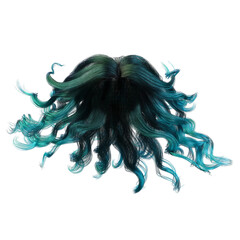 Turquoise windblown long wavy hair on isolated white background, 3D Illustration, 3D Rendering