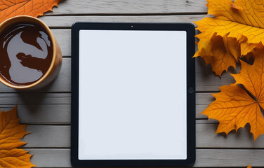 Photo tablet mockup and flower autumn leaves on the wooden background