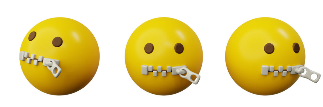 3d Emoticon shut up with zipper on the mouth cartoon emoji or smiley yellow ball