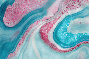 Pink and teal acrylic color liquid ink swirl abstract background with ravishing turbulence wavy pattern and detailed texture. Colorful and realistic dynamic texture by Generative AI. - obrazy, fototapety, plakaty