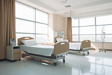Empty hospital room with beds and other medical equipment. Generative AI