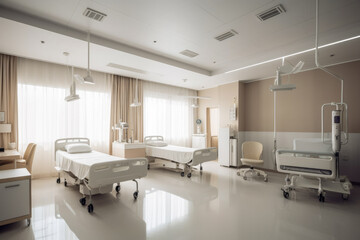 Empty hospital room with beds and other medical equipment. Generative AI