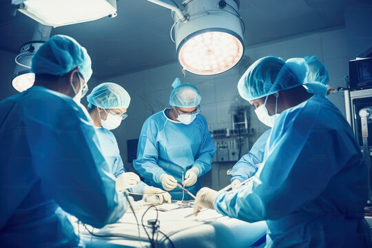 Group of surgeons in hospital operating theater, Team of Surgeons Operating. Generative AI