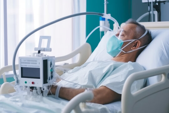 Patient lying in hospital bed with medical equipment near. Generative AI