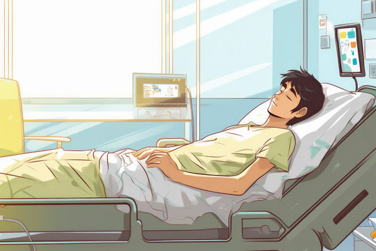 Patient lying in hospital bed with medical equipment near. Generative AI Illustration