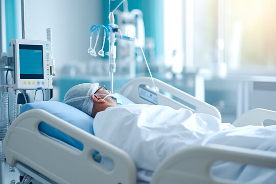 Patient lying in hospital bed with medical equipment near. Generative AI