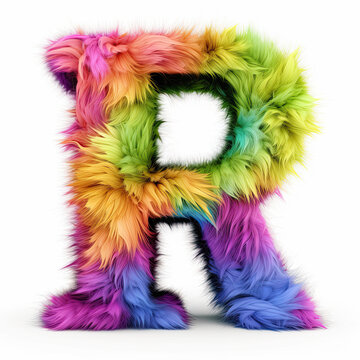 Furry letter in rainbow pride colors made of fur and feathers. Capital R