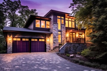 Fototapeta premium Stunning Fresh Build Property with Sleek Design, Three-Car Garage, Purple Siding, and Natural Stone Features, generative AI
