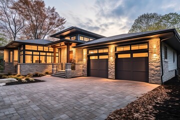 Stylish New Construction Home with Three-Car Garage & Striking Light Blue Siding and Natural Stone Accents, generative AI