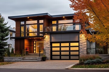 Double Garage Artistic Residence with Avant-Garde Styling, Natural Stone Embellishments and Brown Siding, generative AI