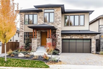Fototapeta na wymiar Contemporary Design for Charming Brand New House with Single Car Garage and Natural Stone Facade on Beige Siding, generative AI