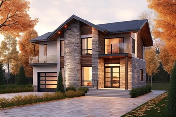 Fototapeta na wymiar Contemporary Design Meets Natural Stone: Charming New Home with Single Car Garage and Pink Siding, generative AI