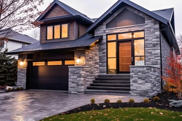 Contemporary Design & Natural Stone Facade - Charming, Brand New House with Single Car Garage & Dark Blue Siding, generative AI