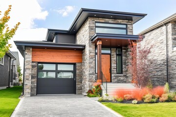 Fototapeta premium Contemporary Coral and Stone-Clad Home with Single Car Garage: Discover Your Charming Brand New Abode, generative AI