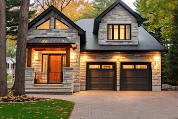 Contemporary Design Charming House with Natural Stone Facade and Single Car Garage, generative AI