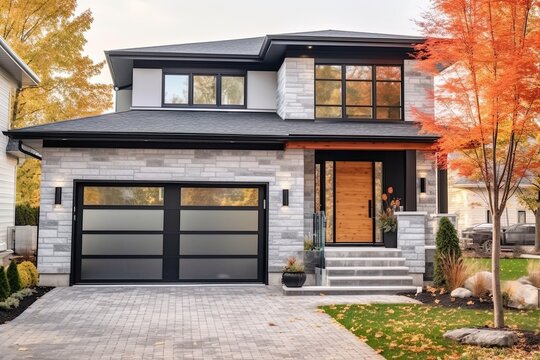 Contemporary Design: Charming Brand New House with Natural Stone Facade & Single Car Garage, Featuring Light Gray Siding, generative AI