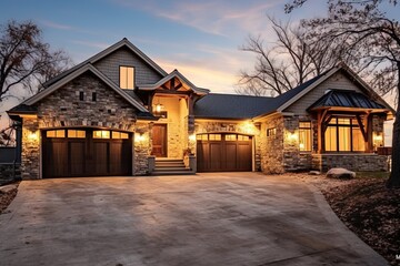 Fototapeta na wymiar Cutting-Edge Aesthetic Meets Classic Elegance: New Build Property with Natural Stone Accents, Three-Car Garage, and Beige Siding, generative AI