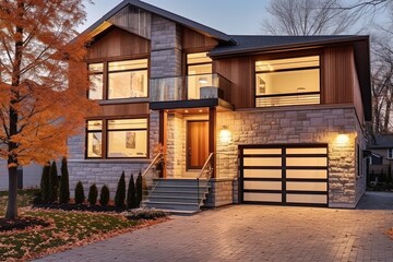 Innovative Aesthetic and Double Garage: A Contemporary New Construction House featuring Beige Siding and Natural Stone Porch, generative AI