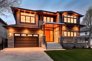 Fototapeta premium Double Garage and Orange Siding: Exploring the Innovative Aesthetic of a Contemporary New Construction Home with Natural Stone Porch, generative AI