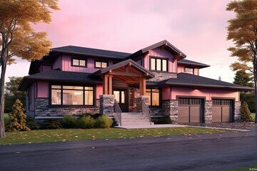 Fototapeta na wymiar Innovative Aesthetic: Contemporary New Construction House with Double Garage and Natural Stone Porch Featuring Eye-catching Pink Siding, generative AI