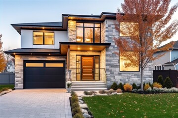 Fototapeta na wymiar Double Garage Contemporary New Construction House with Innovative Aesthetic Featuring White Siding and Natural Stone Porch, generative AI