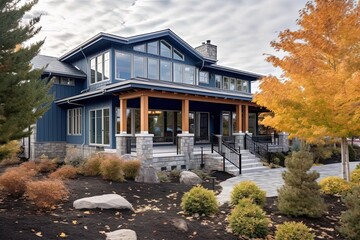 Innovative Aesthetic in a Contemporary New Construction House with Double Garage, Navy Blue Siding, and Natural Stone Porch, generative AI