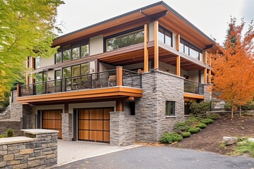 Fototapeta premium Innovative Aesthetic Meets Natural Stone: A Tour of a Contemporary New Construction House with Double Garage and Coral Siding., generative AI