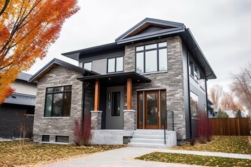 Fototapeta na wymiar Innovative Aesthetic: Unveiling a Contemporary New Construction House with Double Garage, Dark Gray Siding, and Natural Stone Porch, generative AI