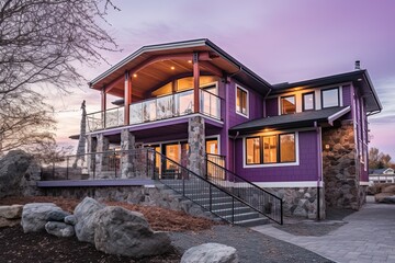 Innovative Aesthetic Meets Contemporary Design: A Double Garage New Construction Home with Purple Siding and Natural Stone Porch, generative AI