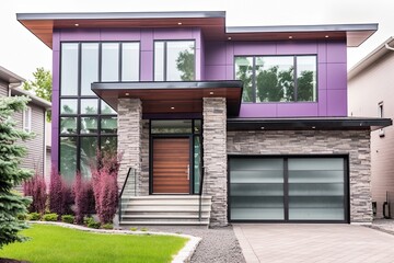 Double Garage and Purple Siding: A Contemporary New Construction House with an Innovative Aesthetic and Natural Stone Porch, generative AI