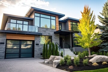 Contemporary Architectural Masterpiece: Brand New Property with Three-Car Garage, Navy Blue Siding, and Stunning Natural Stone Features, generative AI