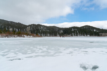 The Spooner Lake reservoir frozen in the winter season