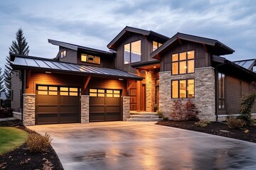 Naklejka premium Contemporary Architecture and Natural Stone Features in Brown Siding Property with Three-Car Garage, generative AI